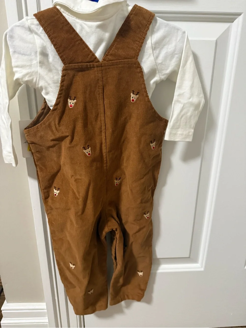 Starting Out Brown Corduroy Overalls with Reindeer Embroidery
